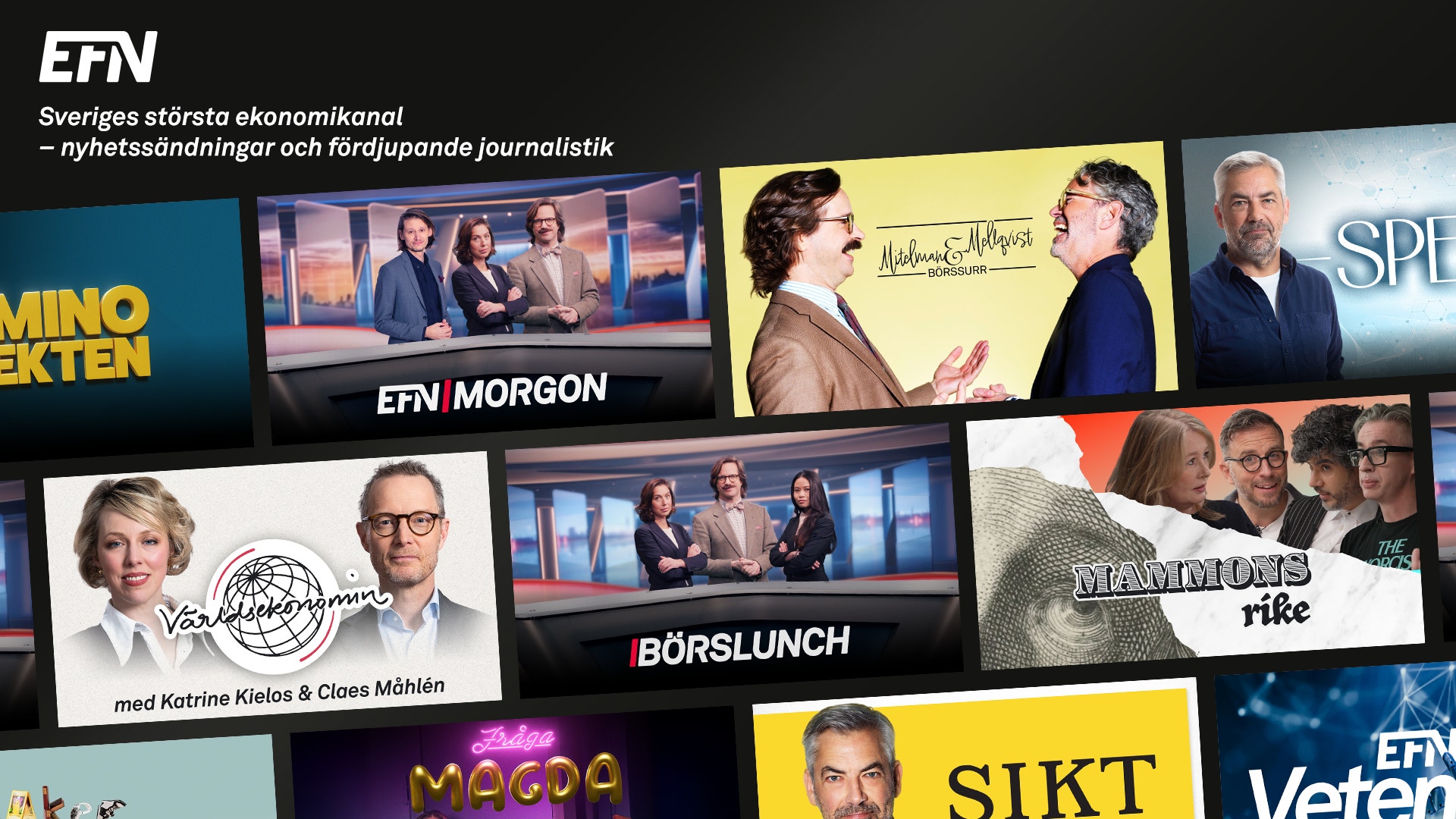 Skärmbild från EFN:s app med logotyp och texten "Sveriges största ekonomikanal – nyhetssändningar och fördjupande journalistik", samt en rad programbilder från olika EFN-program.