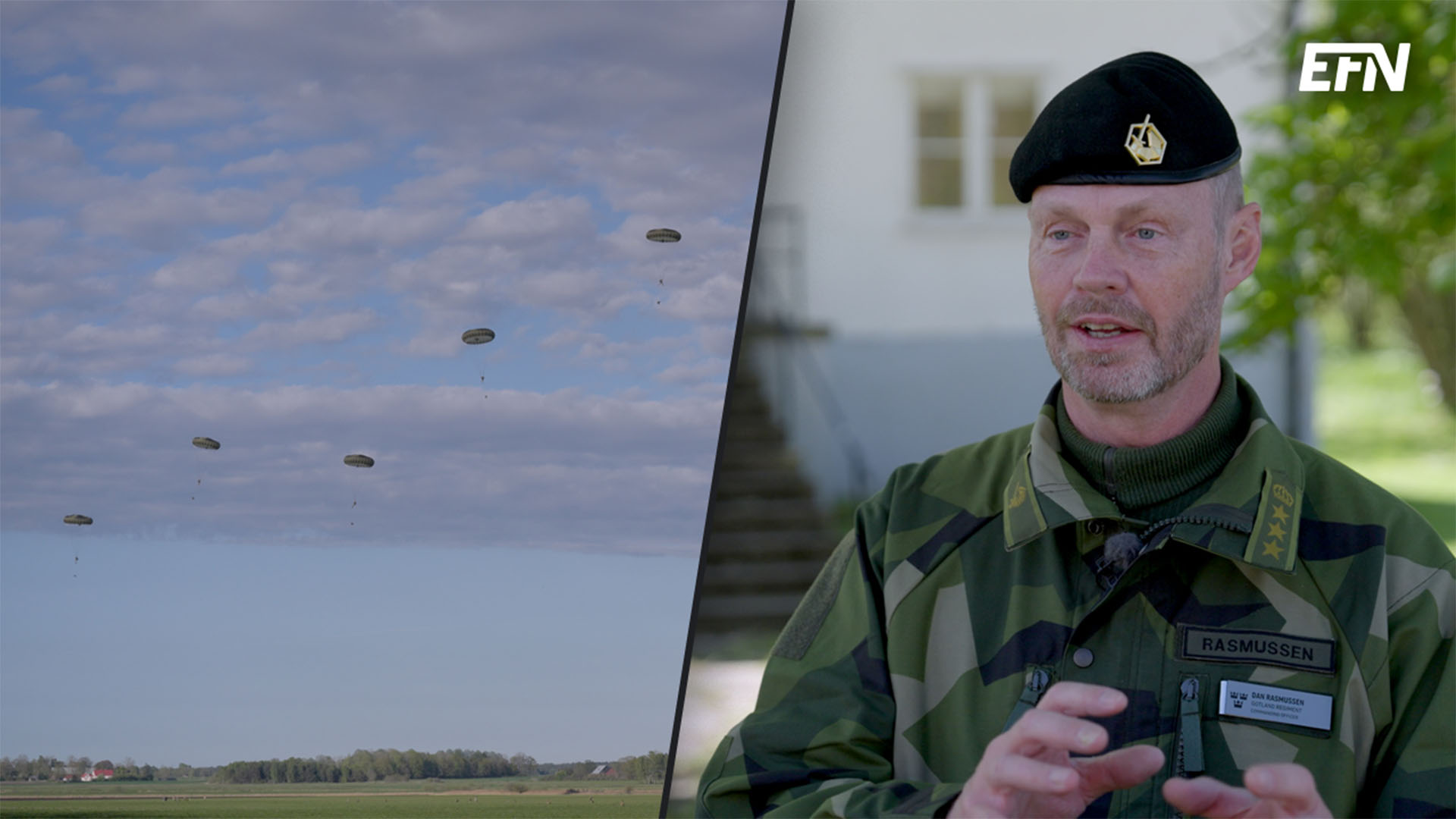 Ett montage med 5 fallskärmshoppare på långt avstånd till vänster och Dan Rasmusson i militärkläder till höger.