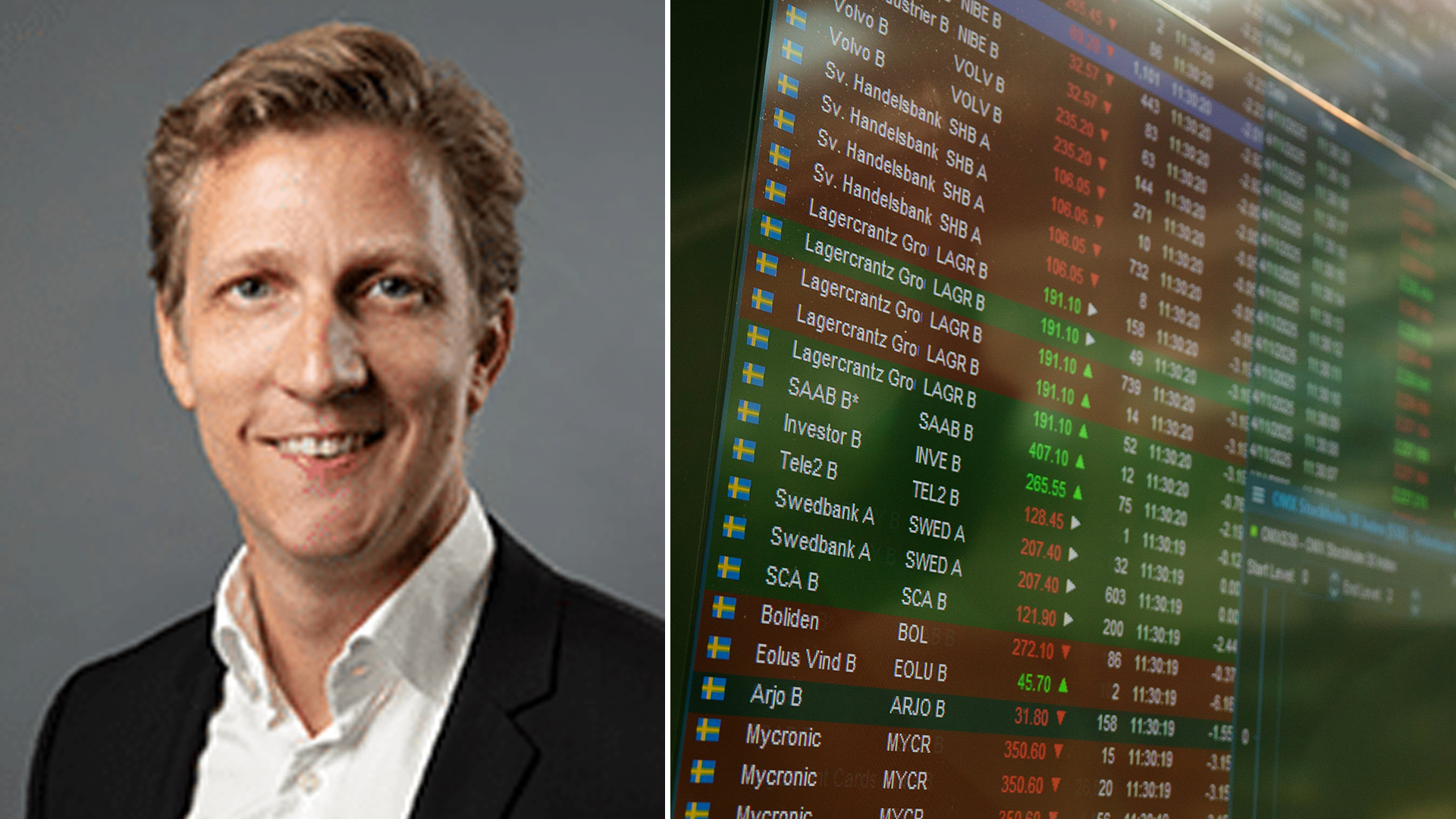 Intellegos vd Claes Lindahl till vänster. Genrebild över börsen till höger.