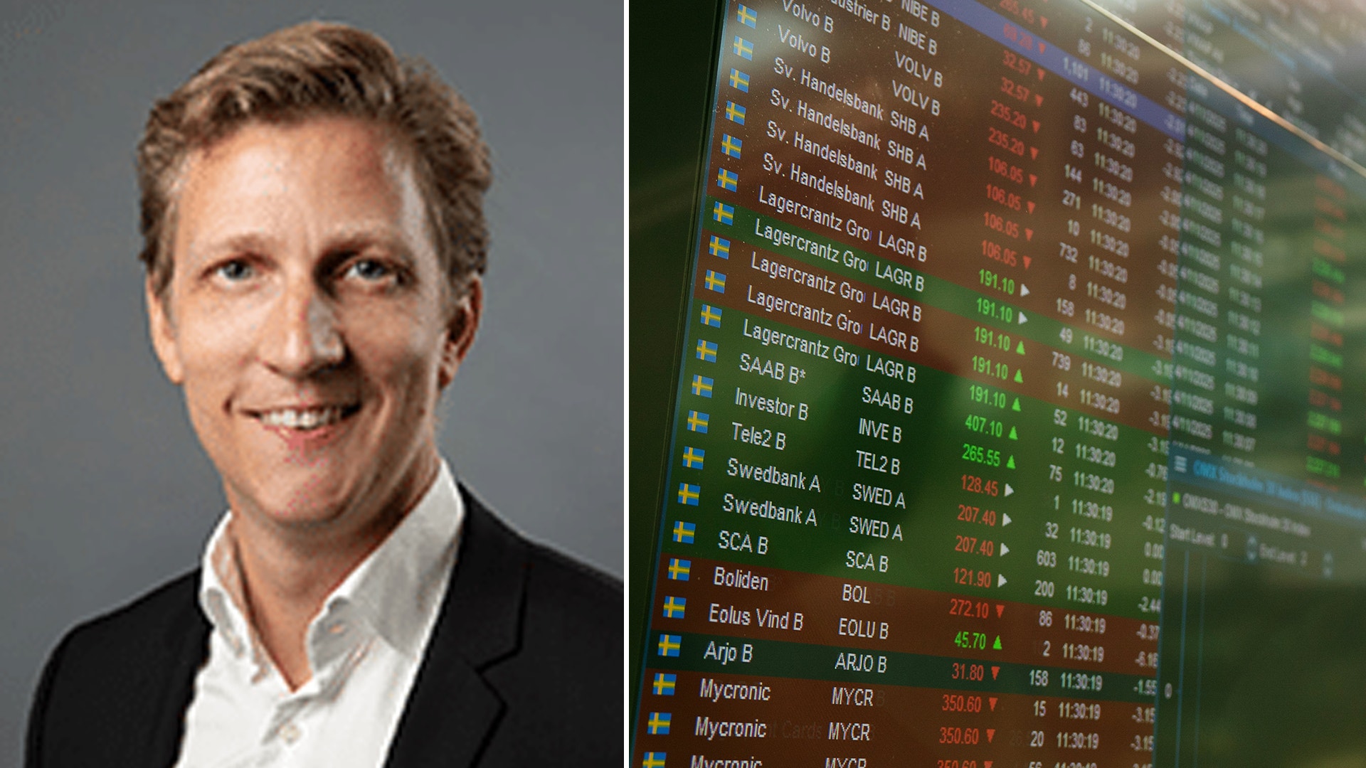 Intellegos vd Claes Lindahl till vänster. Genrebild över börsen till höger.