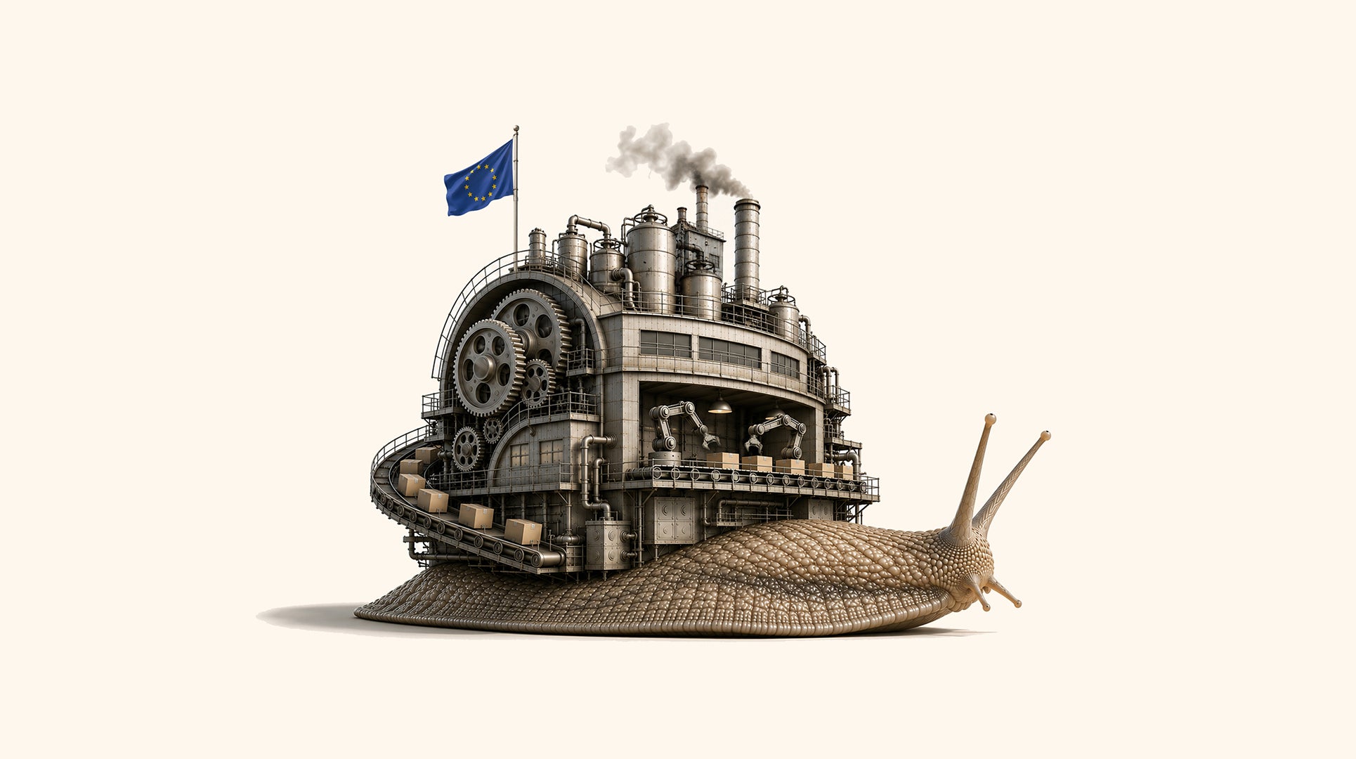 Illustration av en snigel med ett steampunk-inspirerat ångmaskinshus på sin rygg, med rök från skorstenar och en blå flagga på toppen.