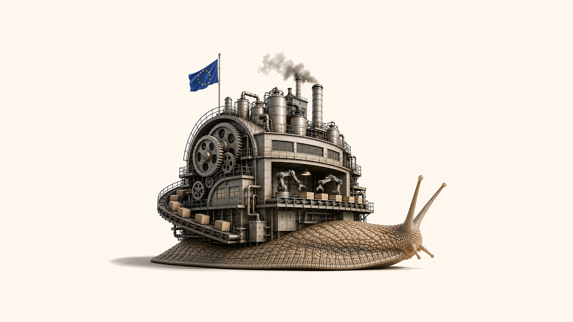 Illustration av en snigel med ett steampunk-inspirerat ångmaskinshus på sin rygg, med rök från skorstenar och en blå flagga på toppen.