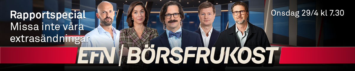 Banner för EFN Börsfrukost Rapportspecial med fem män i affärskläder. Sänds onsdag 29 april klockan 7.30.