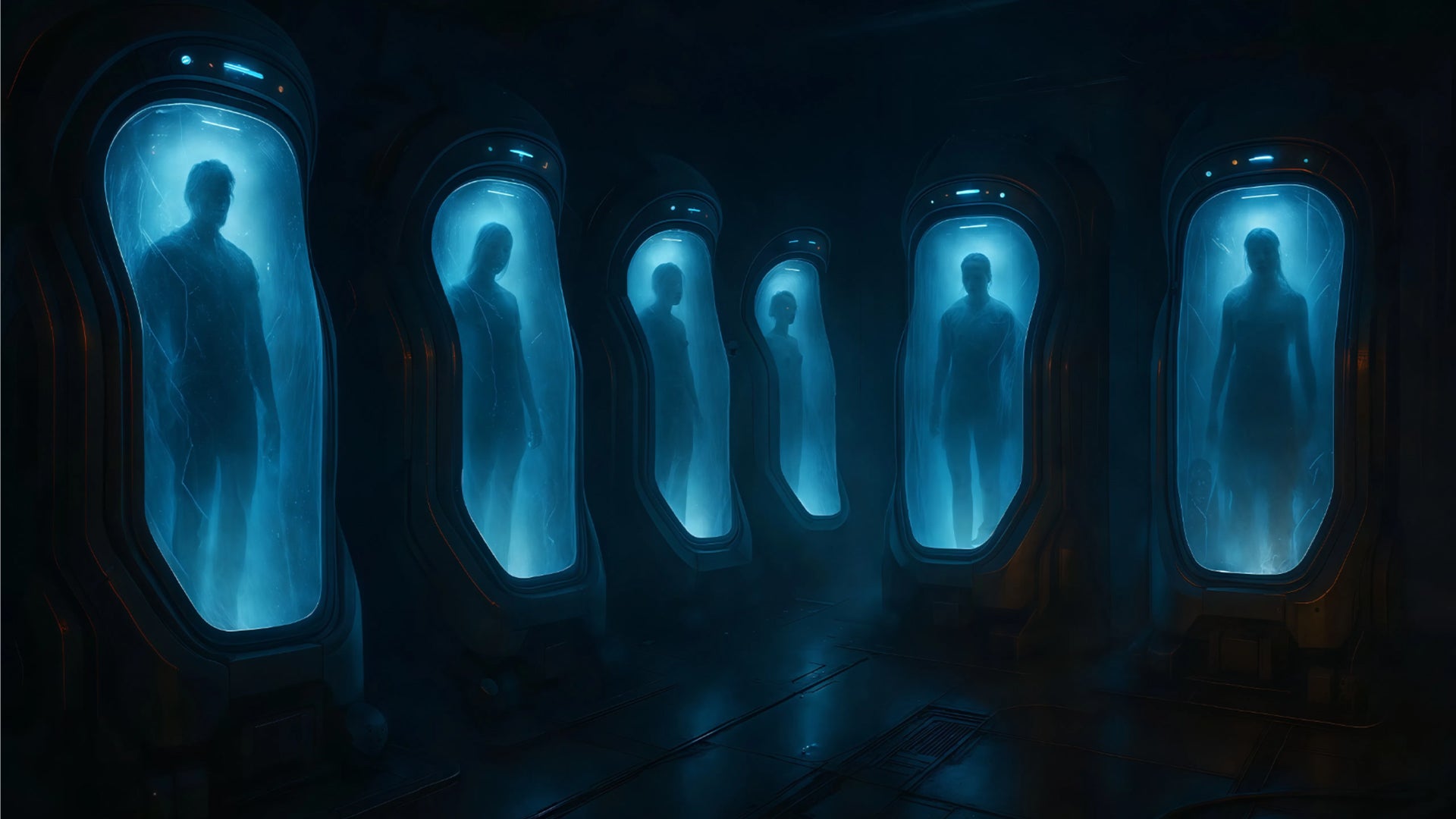 Futuristisk illustration av flera genomskinliga kapslar med blått ljus, innehållande mänskliga silhuetter. Framställer konceptet kryonik, där människor bevaras genom frysning.