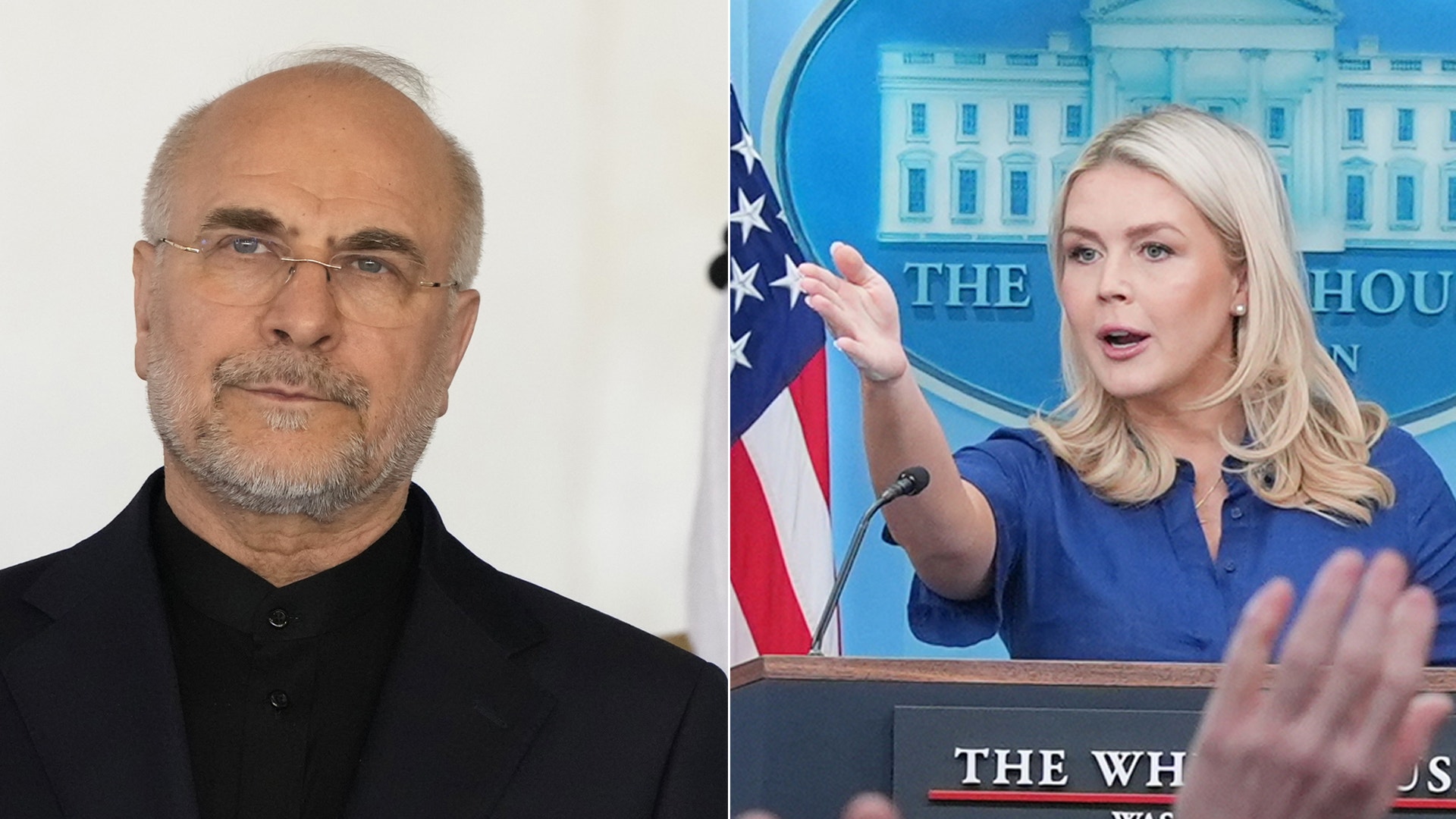 Två porträttfotografier sida vid sida. Till vänster en man i svart kläder mot vit bakgrund. Till höger en kvinna vid ett podium med amerikansk flagga i bakgrunden.