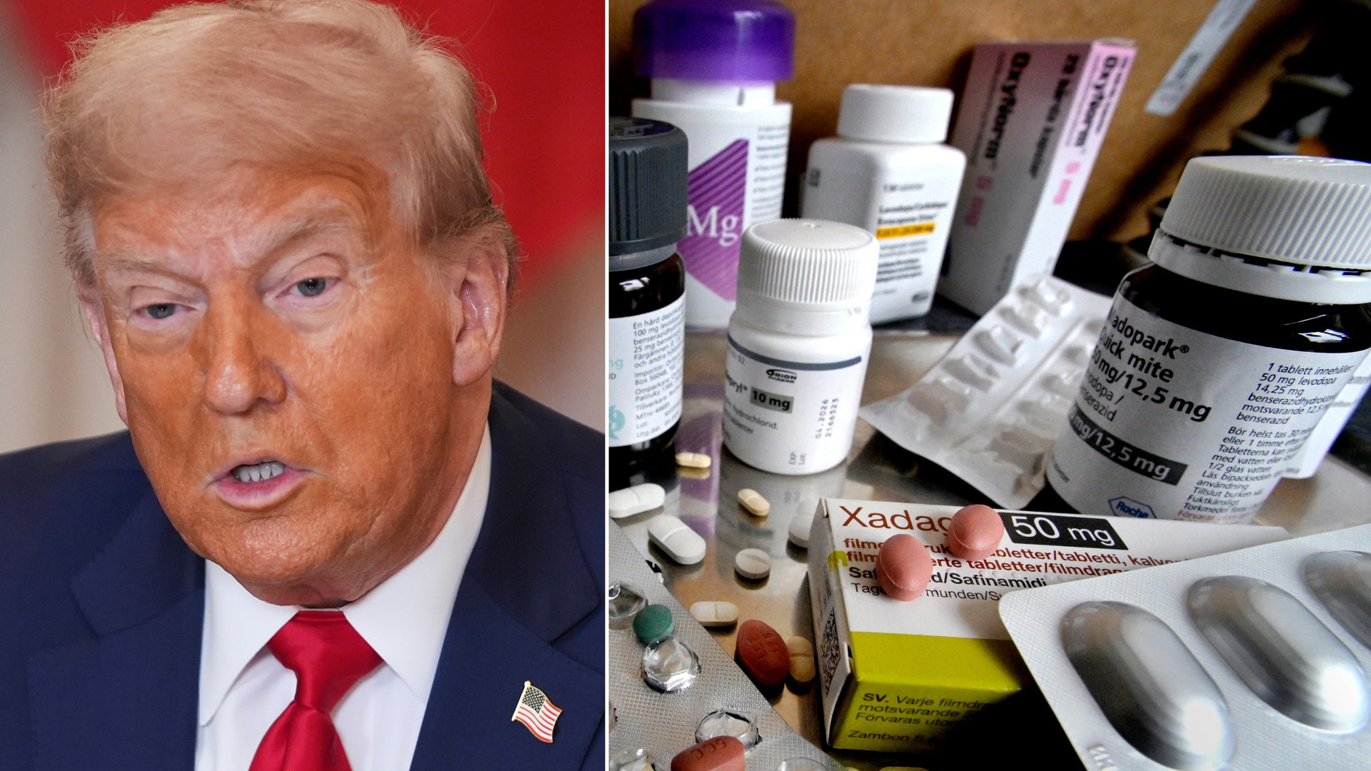 Donald Trump till vänster och genrebild på läkemedel till höger