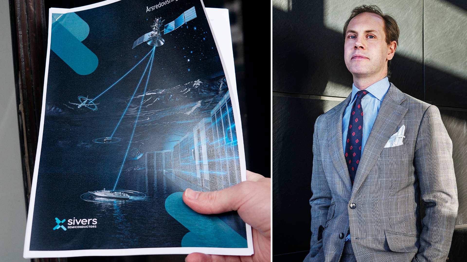 Man i grå kostym håller upp en Sivers-broschyr med illustrationer av satellitteknik och digitala nätverk.
