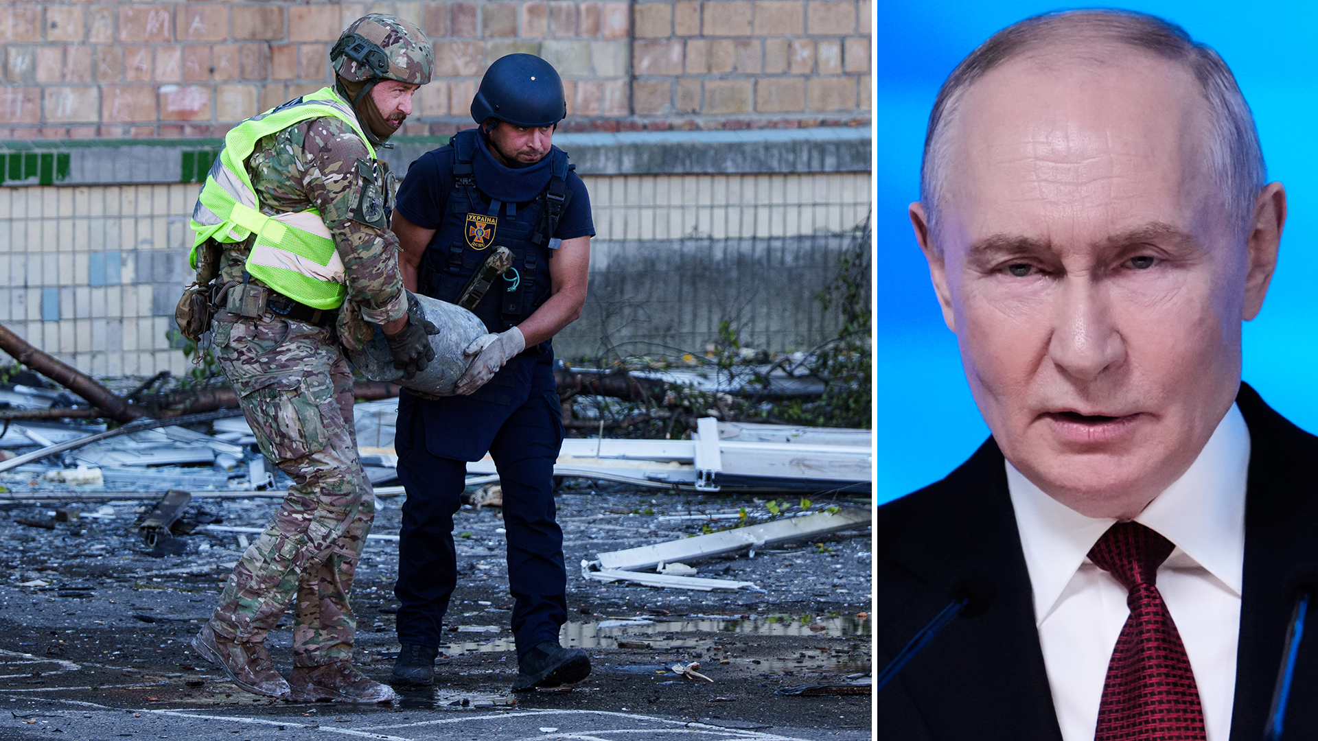 En bildkombination som visar räddningspersonal vid en förstörd byggnad i Ukraina, och Vladimir Putin som talar.