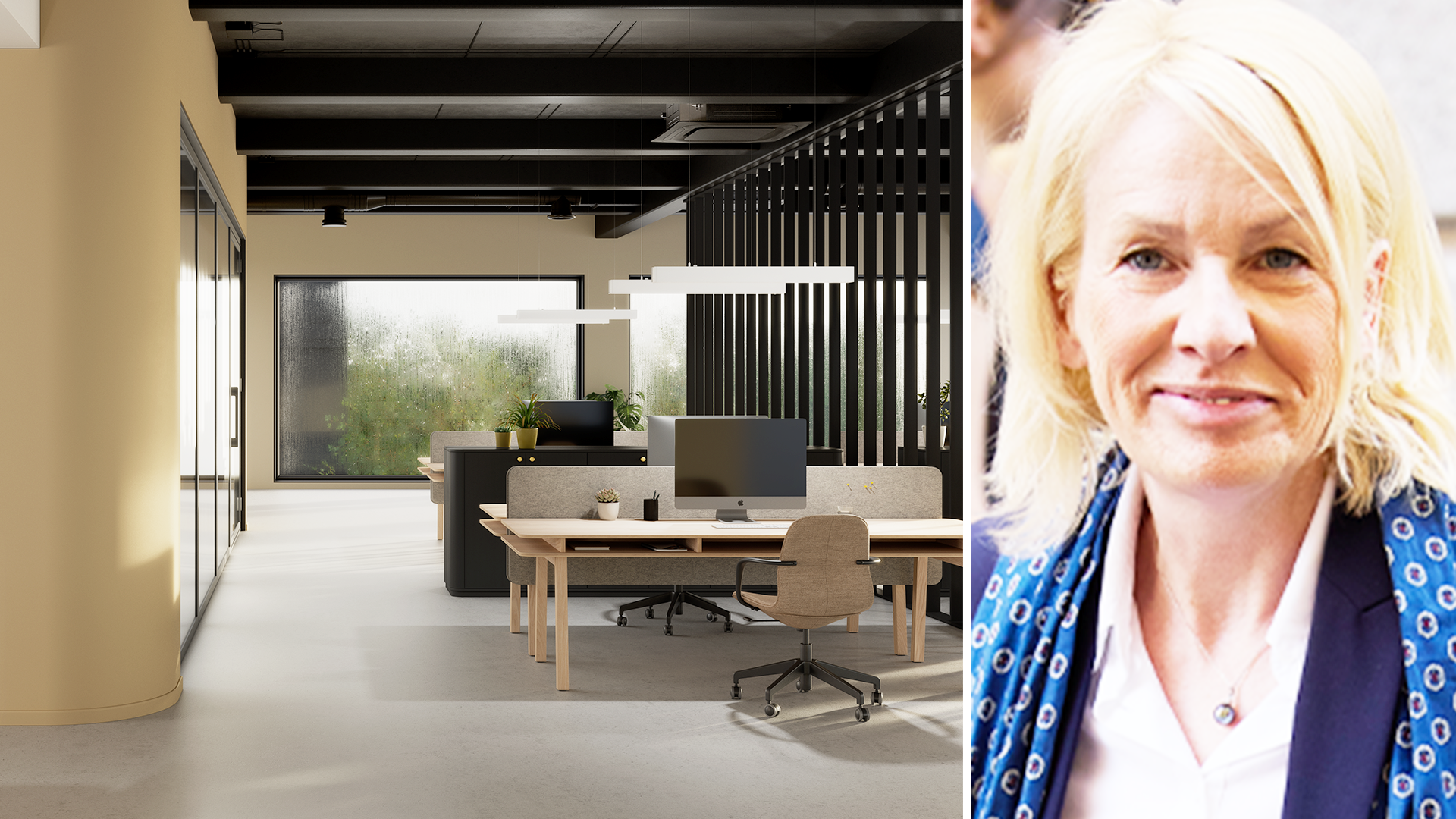 Modernt kontorsinteriör med arbetsplats och porträtt av en kvinna