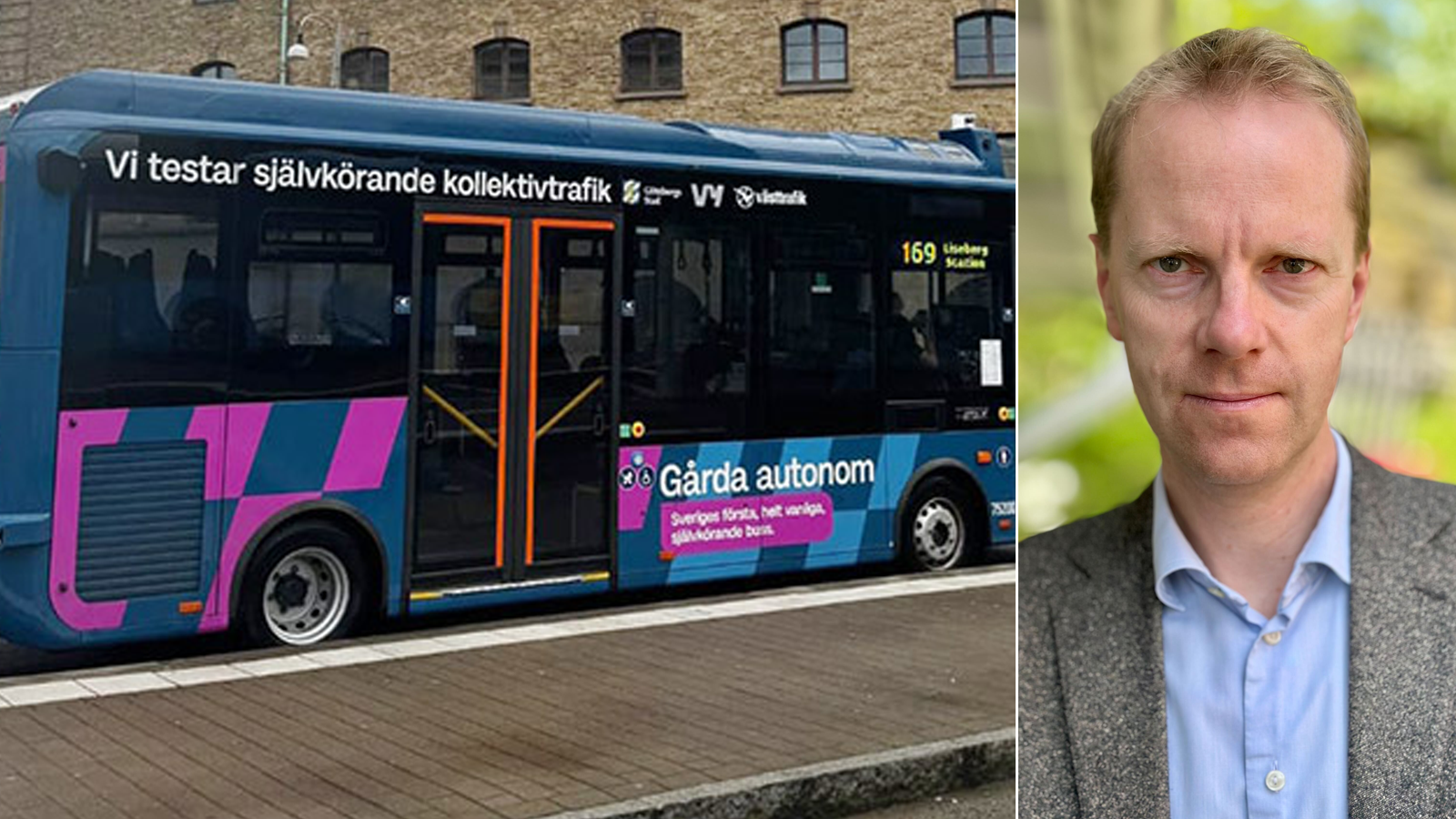 En blå och rosa autonom buss med texten 'Gårda autonomt' bredvid ett porträtt av en man i ljusblå skjorta.