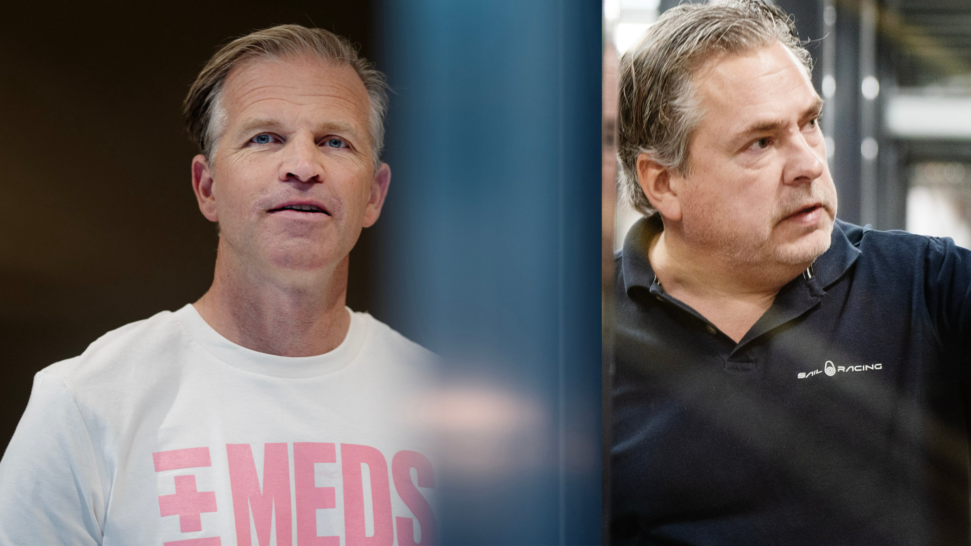 Delad bild med två män, en i vit t-shirt med texten Meds och en i mörk tröja.