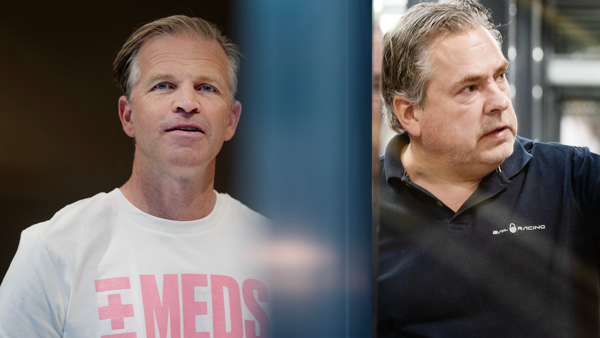 Delad bild med två män, en i vit t-shirt med texten Meds och en i mörk tröja.