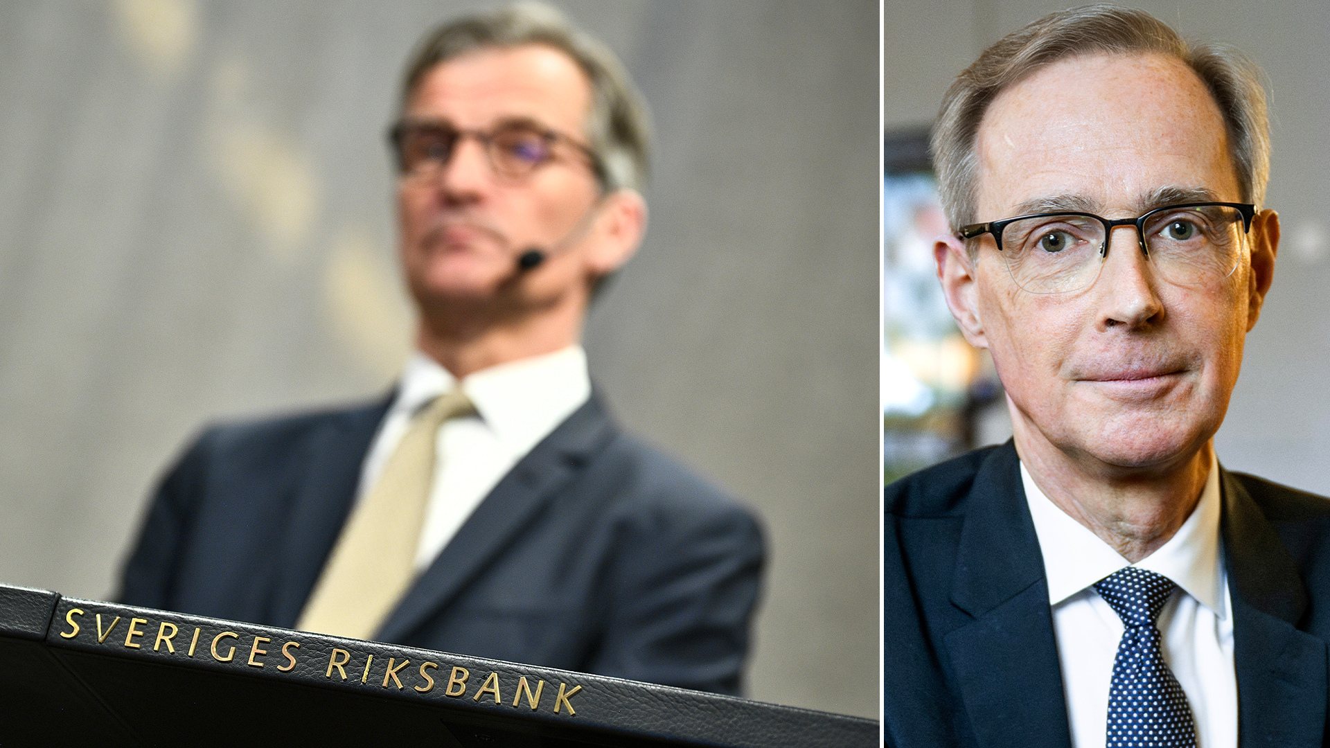 Två män i kostym, en av dem talar i en mikrofon bakom en pulpet märkt Sveriges Riksbank.