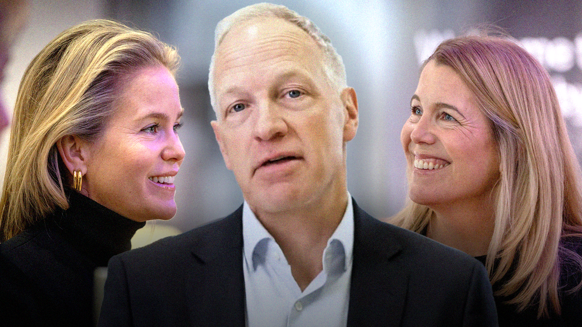Porträtt av tre personer: en äldre man i mitten och två kvinnor på sidorna som ser mot honom. Alla ler och ser professionella ut.