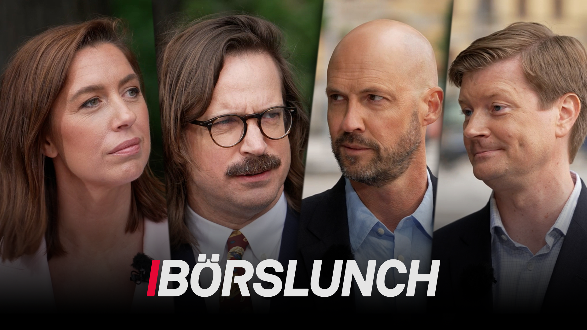 Porträtt av fyra personer från serien Börslunch. Från vänster: en kvinna med långt brunt hår, en man med glasögon och skägg, en man med kort hår och skägg, och en man med ljust hår. Serietiteln Börslunch är överlagd i vitt på bilden.