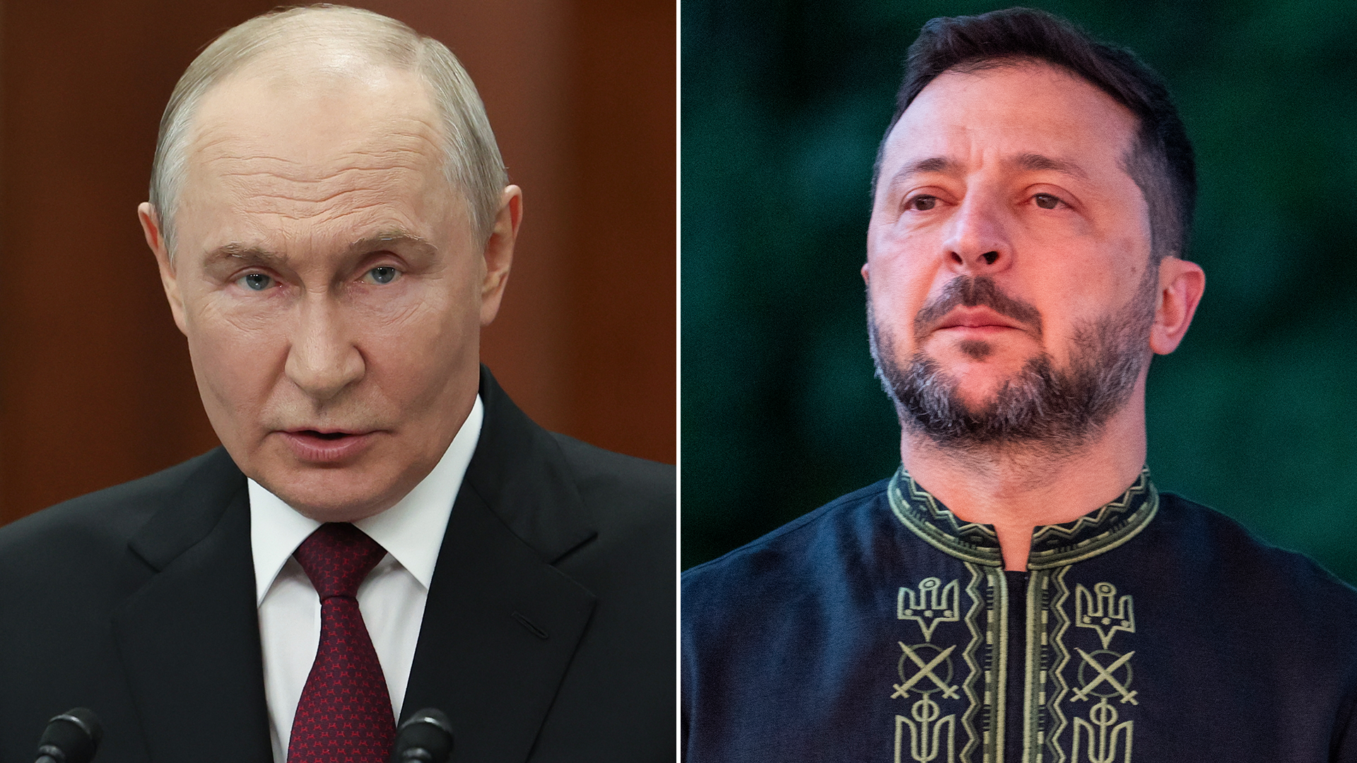 Sammansatt bild av två män. Till vänster en äldre man i mörk kostym och röd slips. Till höger en man med skägg i mörkblå skjorta med ukrainsk broderi.
