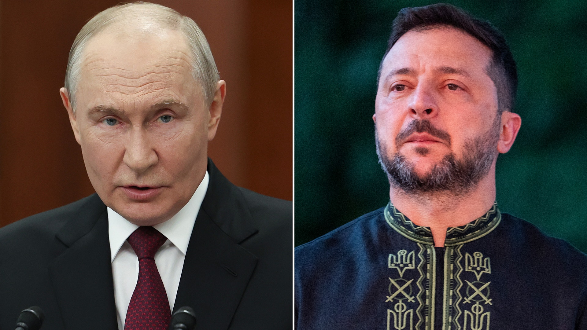 Sammansatt bild av två män. Till vänster en äldre man i mörk kostym och röd slips. Till höger en man med skägg i mörkblå skjorta med ukrainsk broderi.