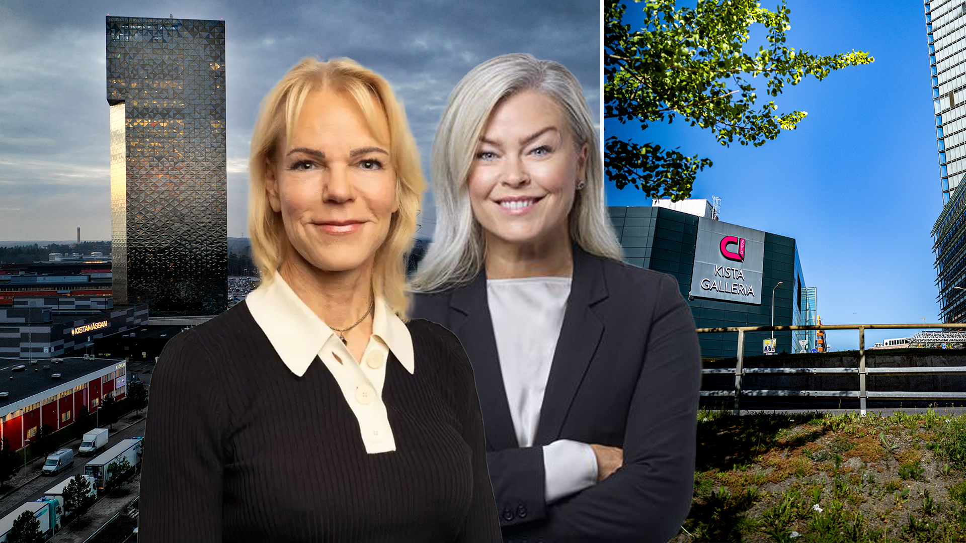 Två kvinnor i affärskläder framför en stadsmiljö med moderna byggnader.