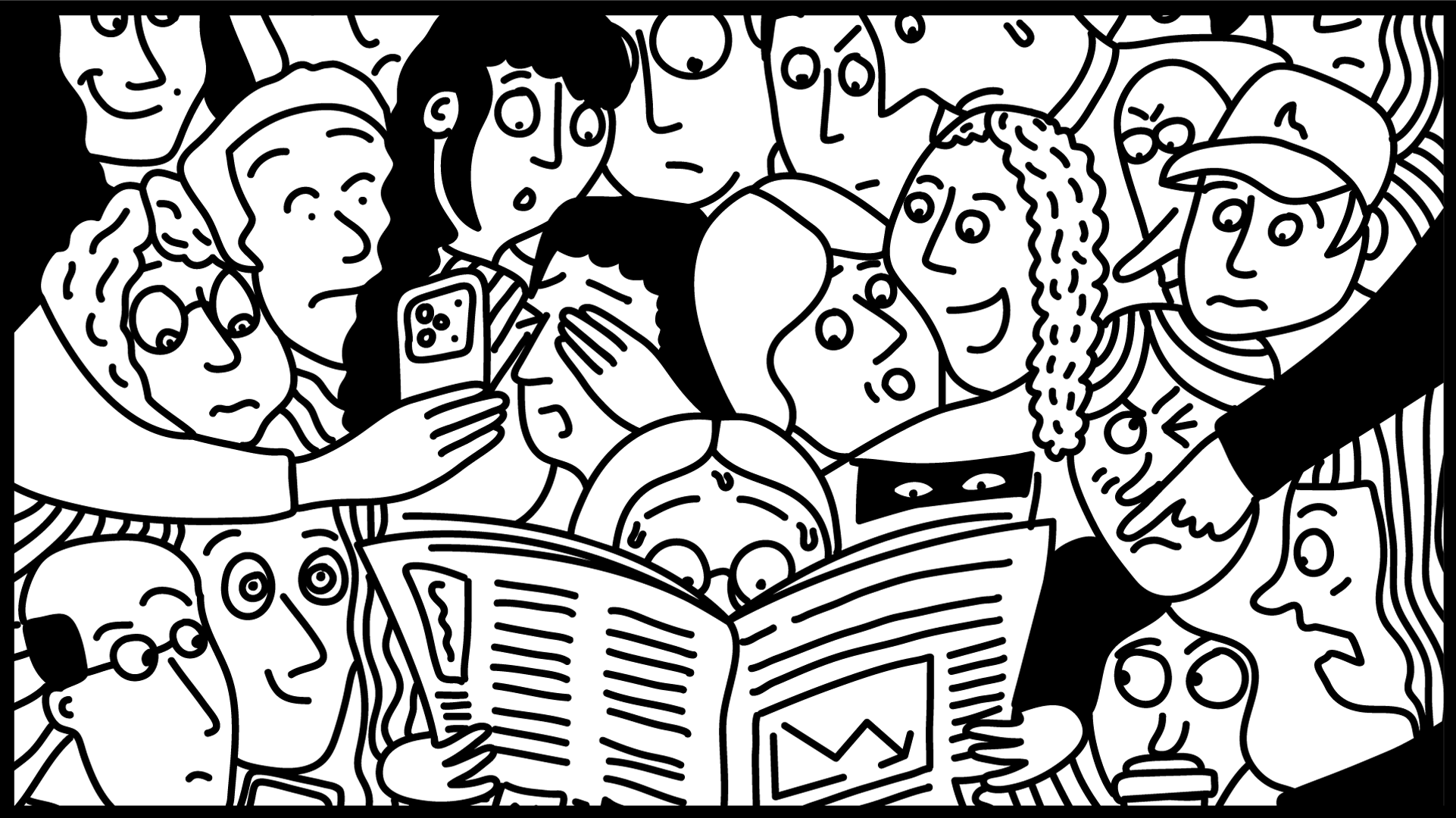 Illustration av en grupp människor som läser en tidning tillsammans.