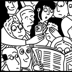 Illustration av en grupp människor som läser en tidning tillsammans.