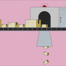 Illustration av paket på ett rullband som passerar en maskin. Några av de minsta paketen faller ner genom en lucka under rullbandet.