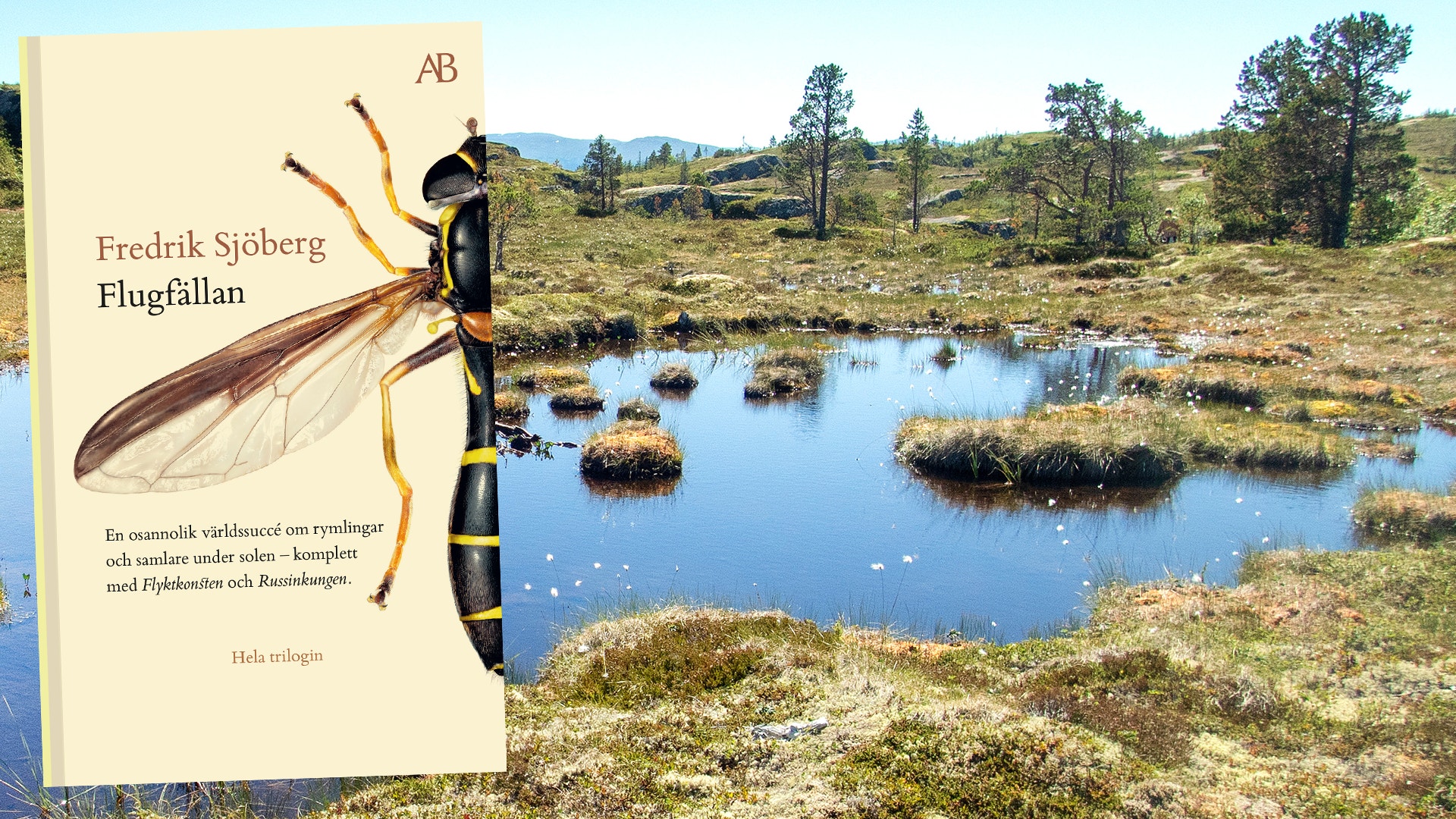 Bokcover för Flugfällan av Fredrik Sjöberg. Vänster sida visar en illustrerad insekt med bruna vingar. Höger sida visar en våtmark med vatten, vegetation och barrskog.