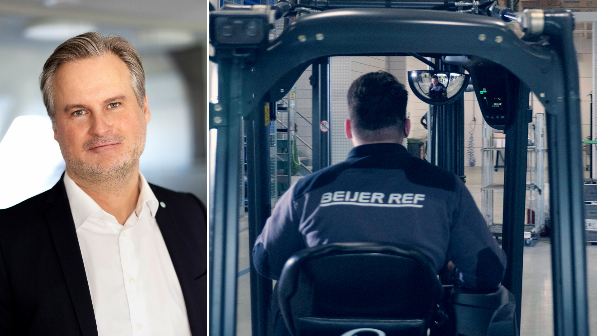 Sammansatt bild med porträtt av en man i vit skjorta och mörk kavaj på vänster sida, och en man sedd från bak i en industriell miljö på höger sida.