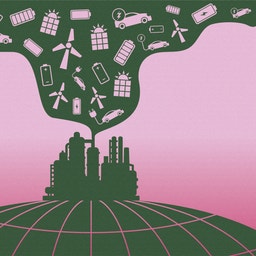 Illustration som visar en industristad på en grön jordglob med energisymboler som sol, vänd, batterier och solpaneler som flyter upp mot en rosa himmel, symboliserar grön energi och hållbar industri.