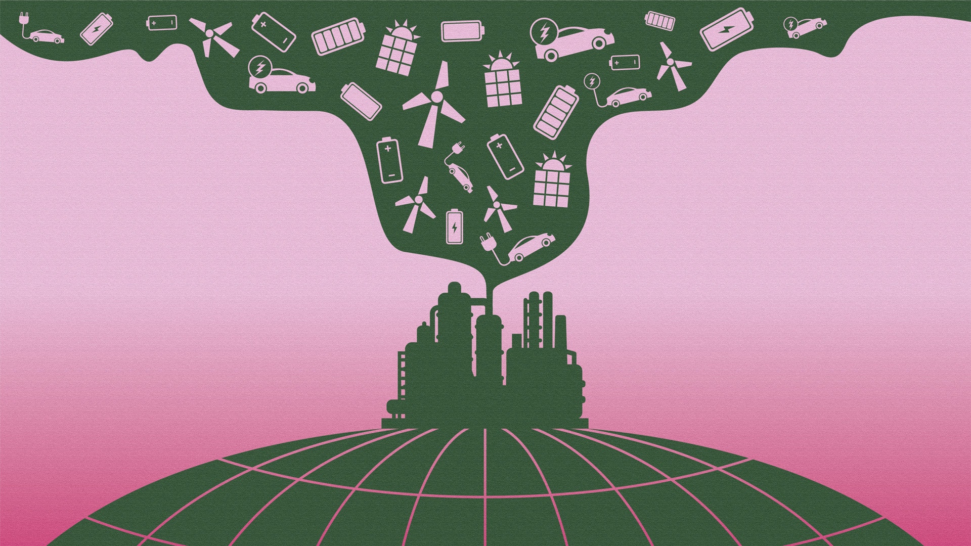 Illustration som visar en industristad på en grön jordglob med energisymboler som sol, vänd, batterier och solpaneler som flyter upp mot en rosa himmel, symboliserar grön energi och hållbar industri.