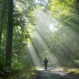 En person springer på en väg genom en grön skog. Solljus strömmar genom träden och skapar ljusstrålar.
