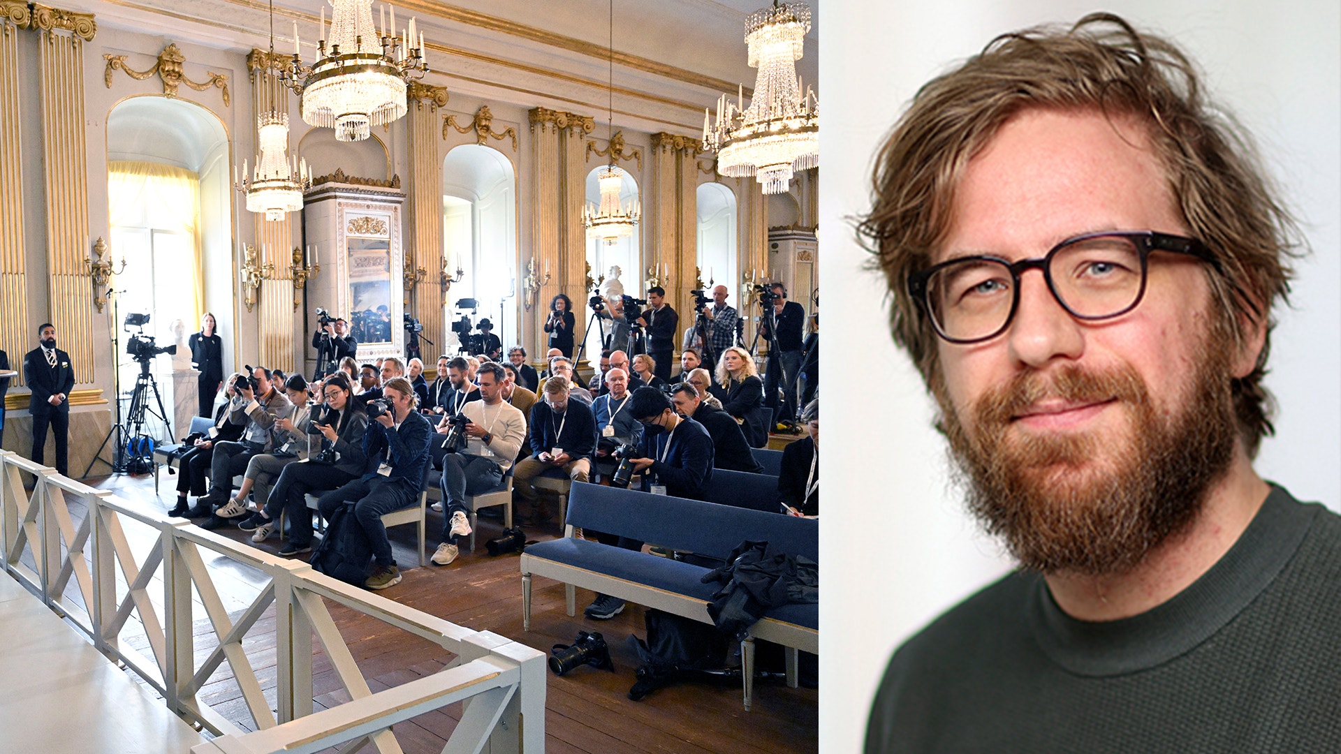 Bildkollage. Till vänster journalister och fotografer i en festlig sal med kristallkronor. Till höger ett porträtt av en leende man med skägg och glasögon.