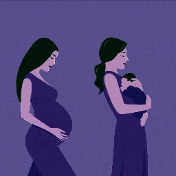 Illustration av en kvinna i olika livsstadier, från ung vuxen till gravid, moder och vuxen kvinna.