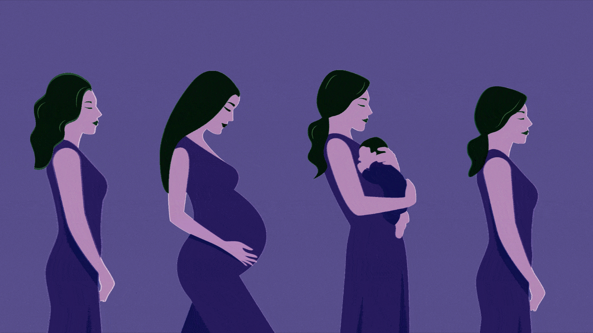 Illustration av en kvinna i olika livsstadier, från ung vuxen till gravid, moder och vuxen kvinna.