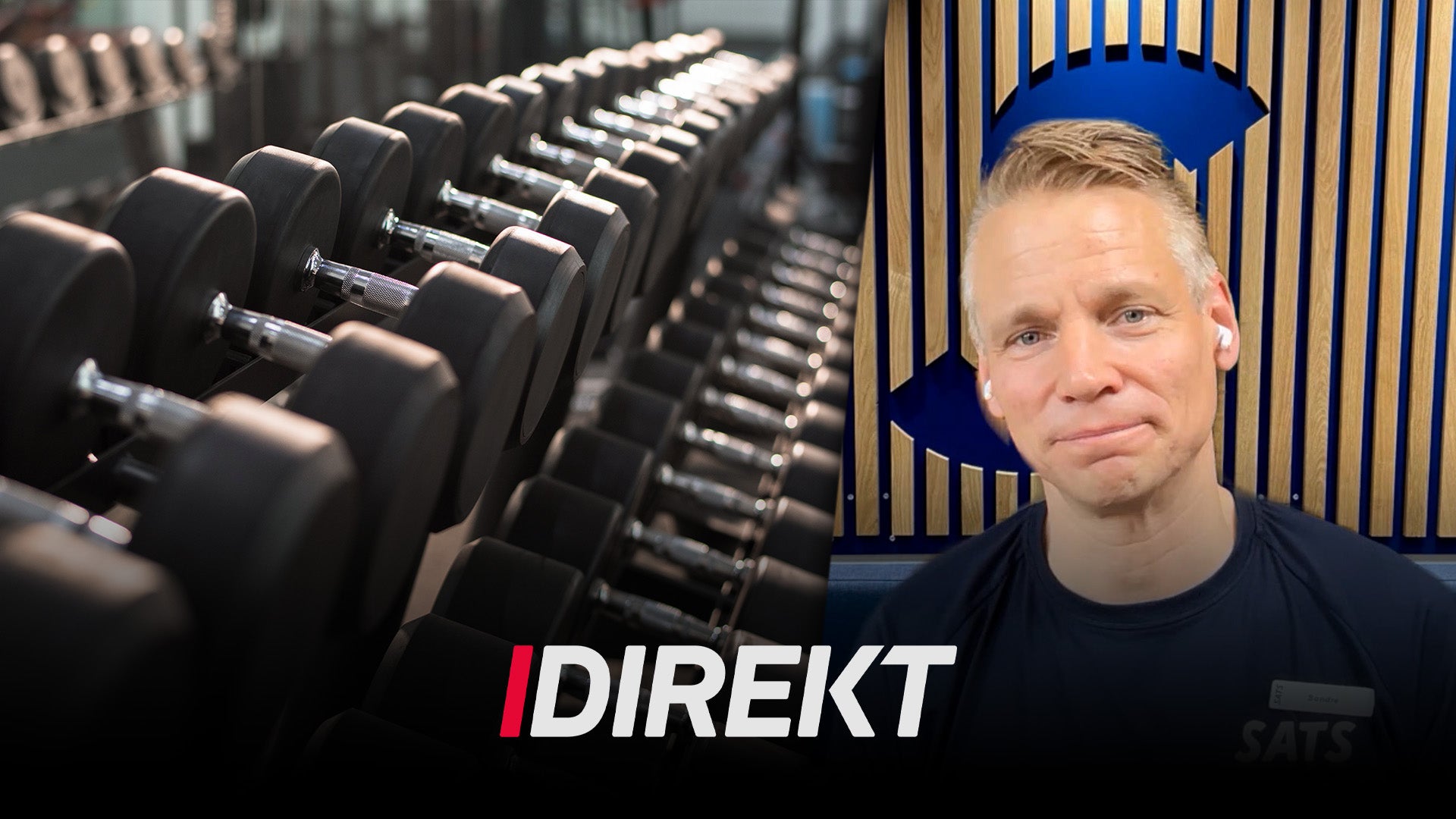Man i träningssal framför rack med hantvikter. DIREKT-logotypen är synlig i förgrunden.