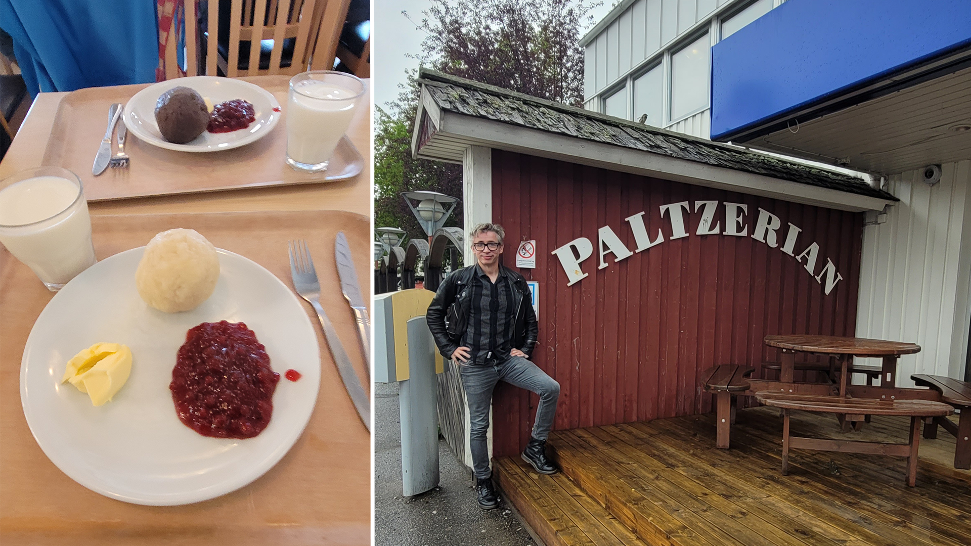 Kollage från Paltzerian: Till vänster en tallrik med traditionell skandinavisk mat bestående av rödbetssallad, smör och rotfrukter med ett glas mjölk. Till höger en person som står framför restaurangens röda fasad med namnet Paltzerian.