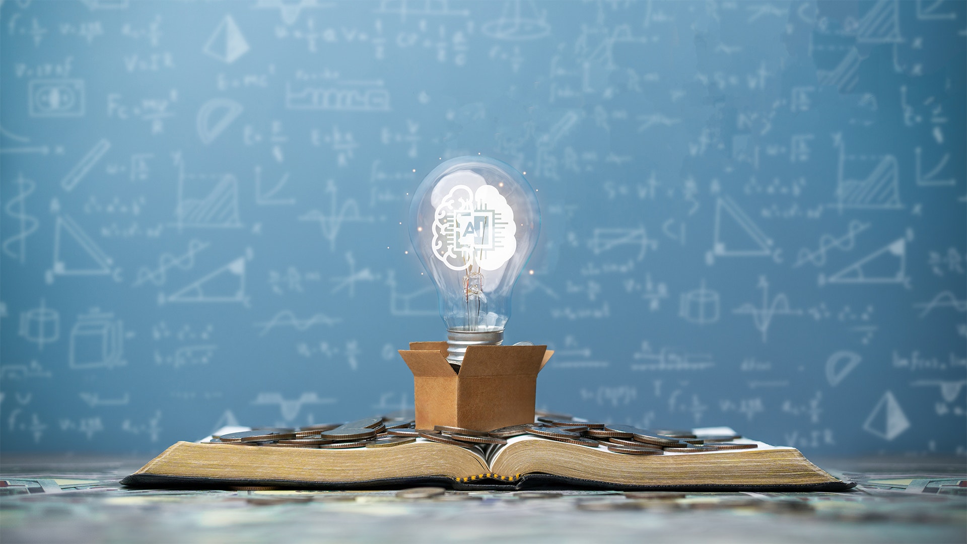 En iscensatt bild på artificiell intellegens där en glödlampa lyser över en bok belastad av mynt.