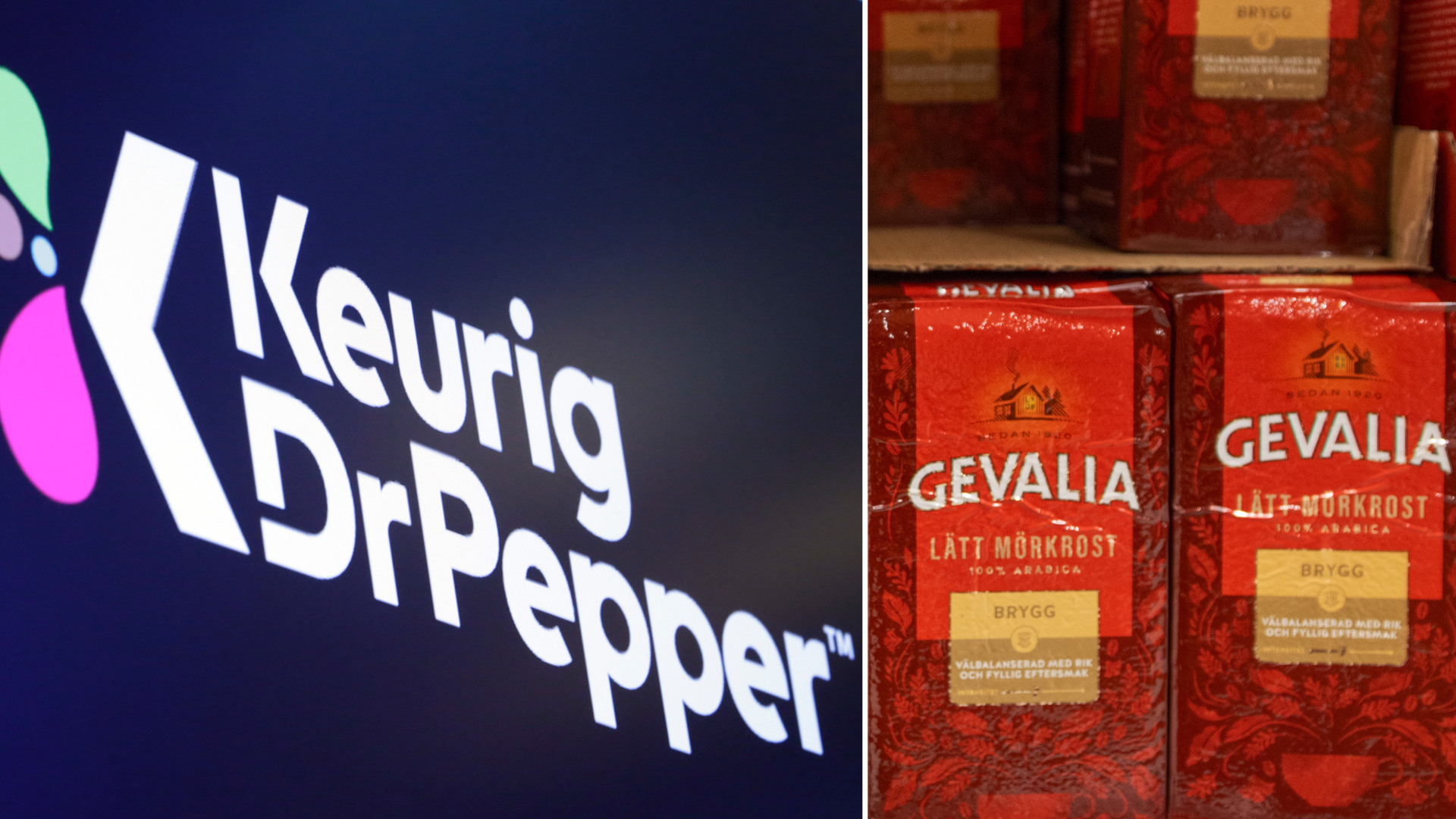 Keurig Dr Pepper till vänster. Gevalia kaffepaket till höger.
