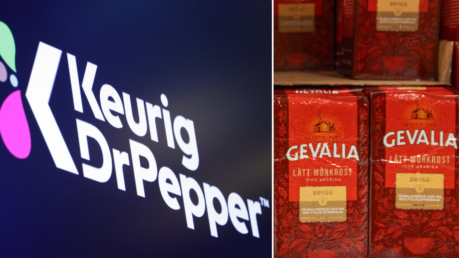 Keurig Dr Pepper till vänster. Gevalia kaffepaket till höger.