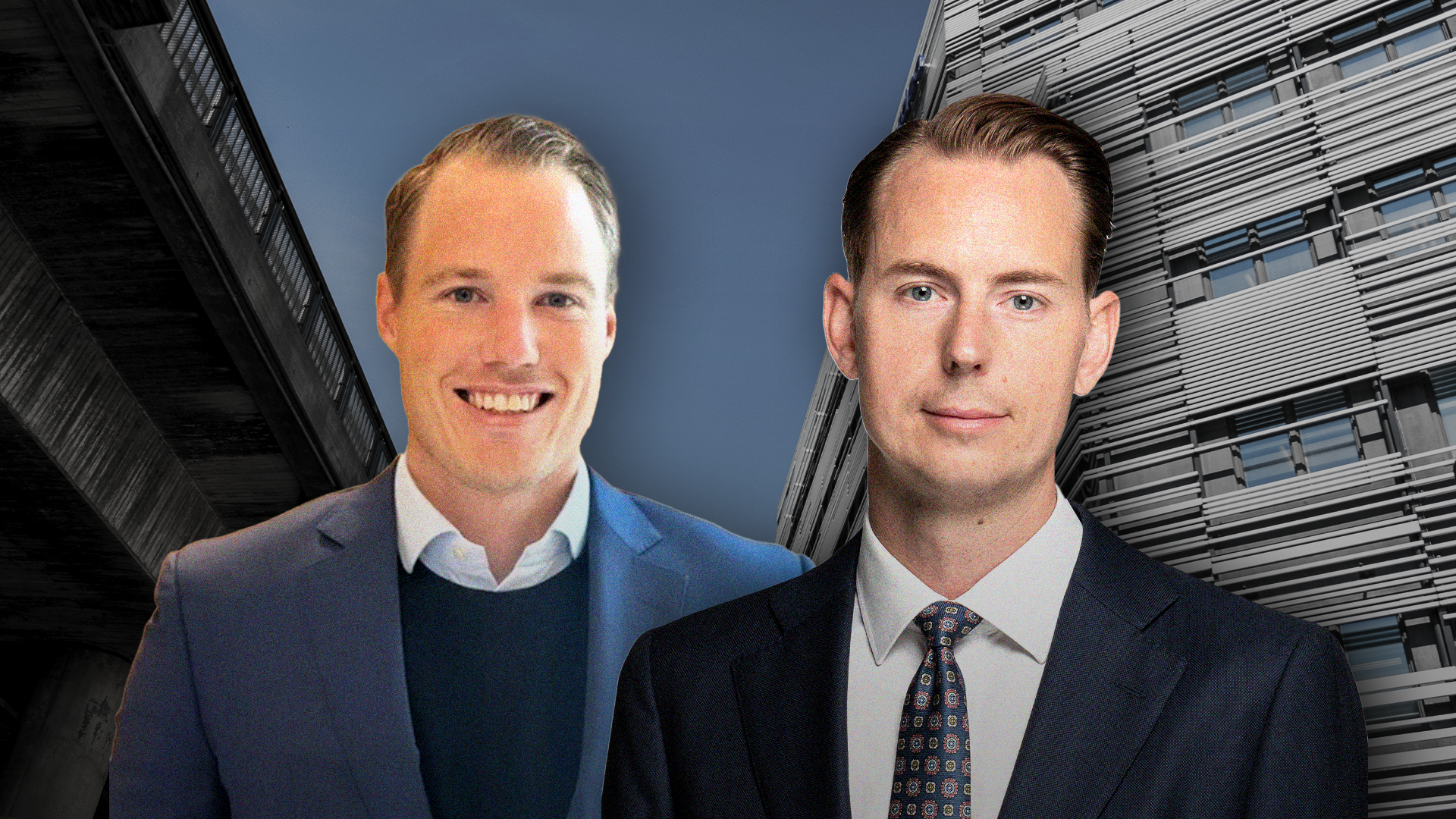 Två män i affärskläder framför en bakgrund med moderna byggnader.