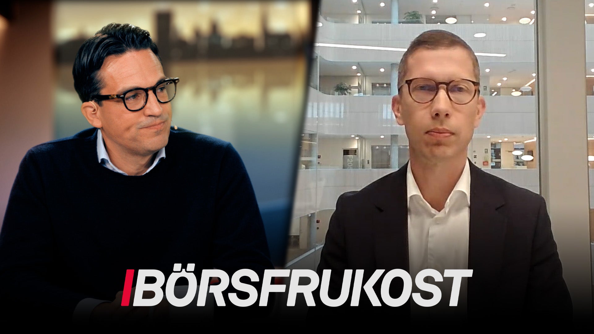 Två män i glasögon i en video eller TV-sändning om börsen. Texten Börserukost visas längst ned på skärmen.