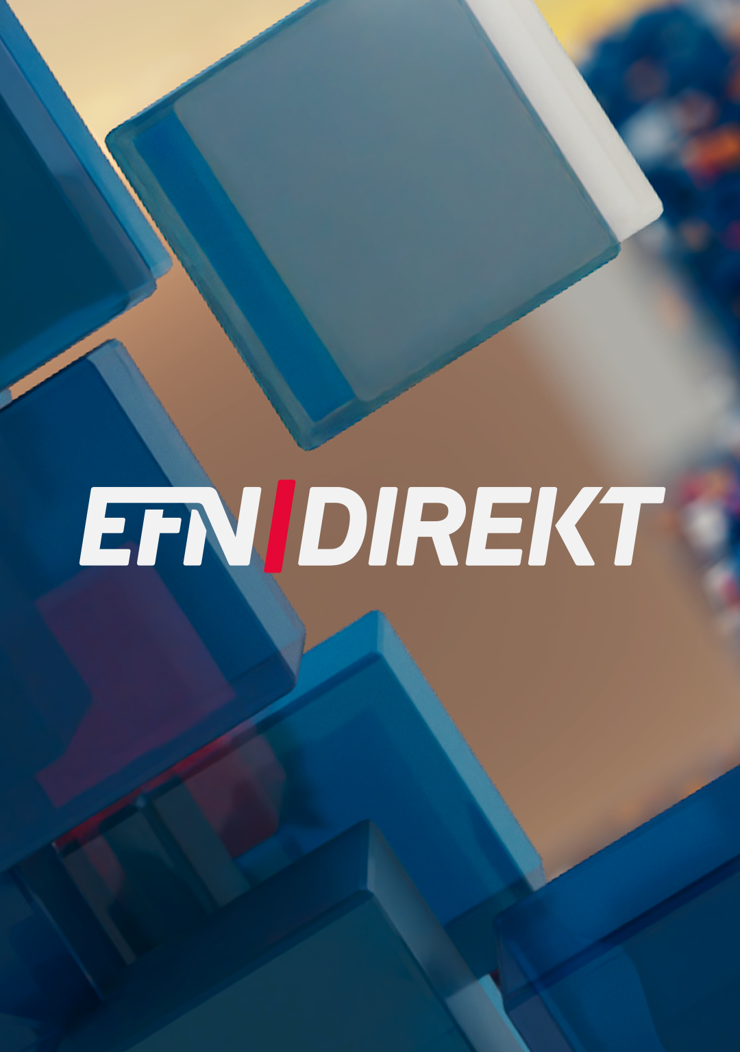 Logotypen för programmet EFN Direkt i vit text med ett rött snedstreck, mot en bakgrund av blå glaskuber.