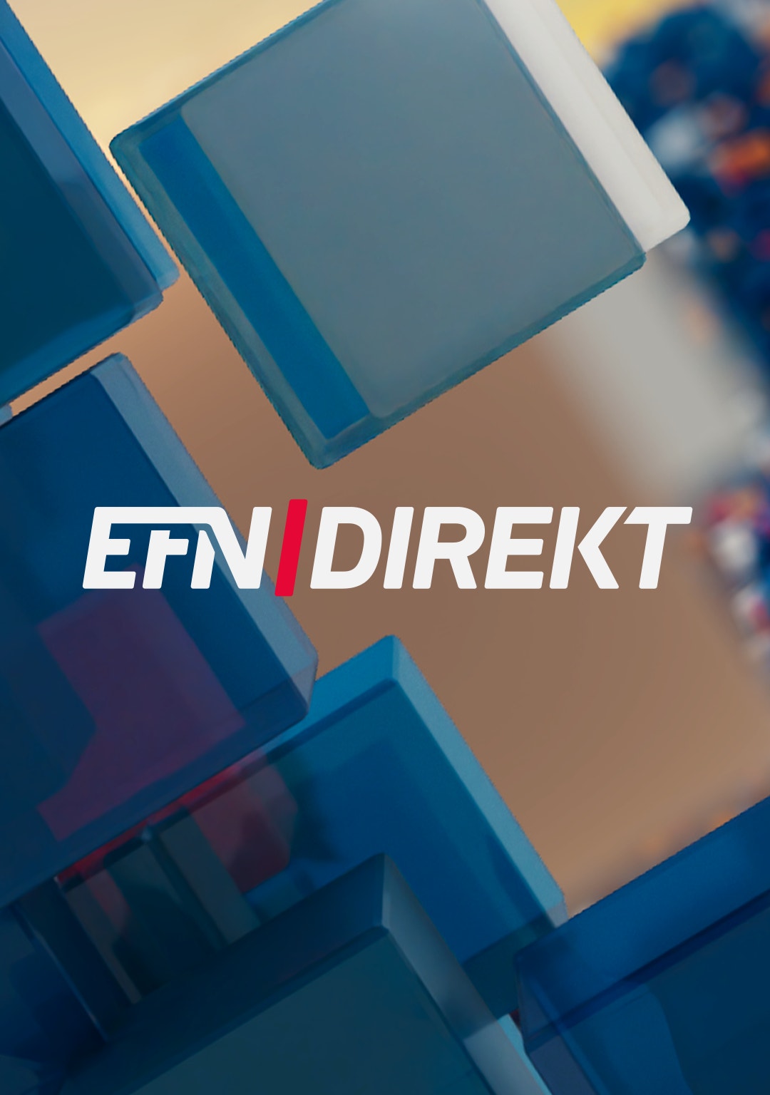 Logotypen för programmet EFN Direkt i vit text med ett rött snedstreck, mot en bakgrund av blå glaskuber.