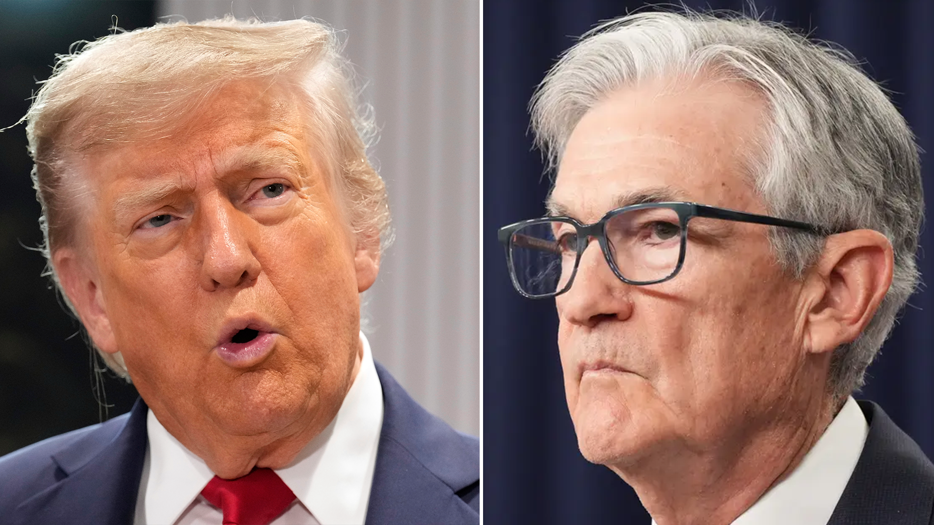 Splitbild på Donald Trump som pratar och Jerome Powell som ser sammanbiten ut.