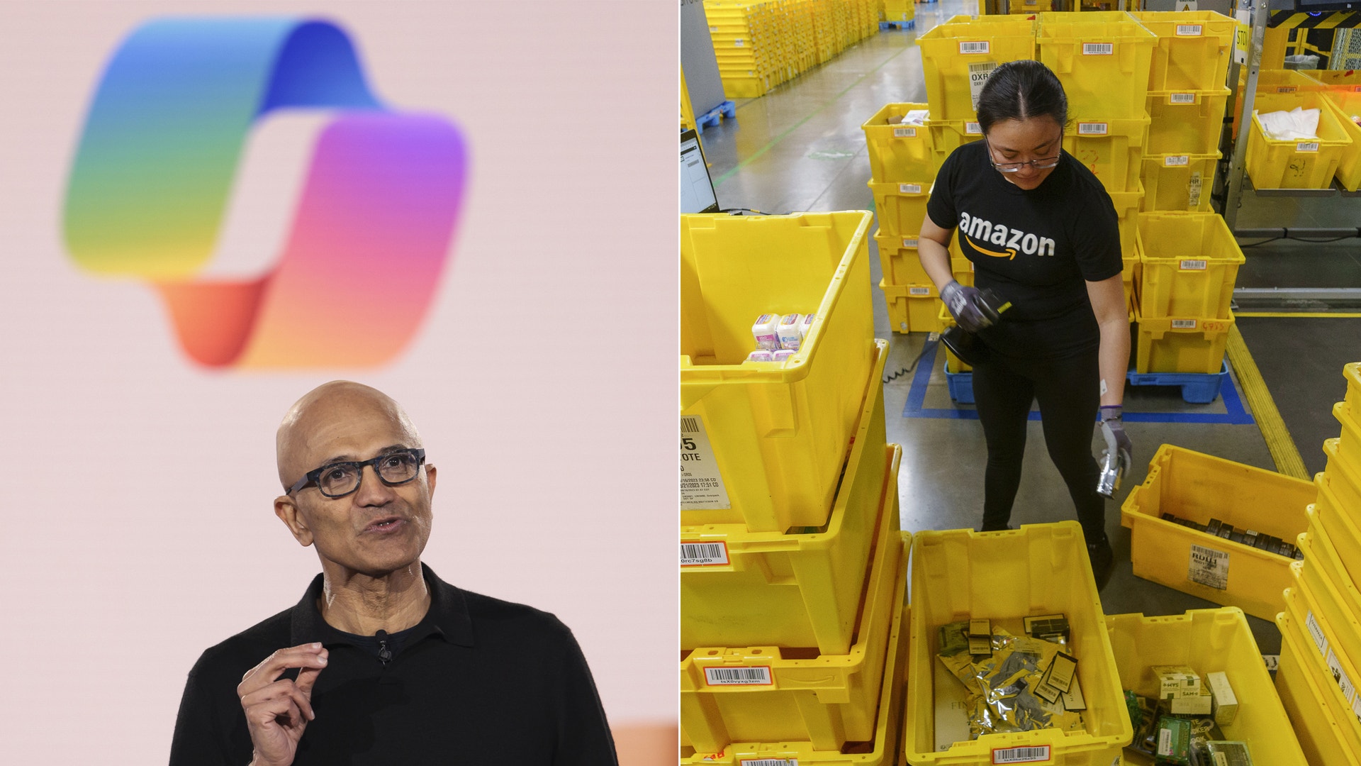 Sammansatt bild: Till vänster porträtt av en man med glasögon och svart skjorta framför en färgglad gradientlogo. Till höger en överblicksbild av ett lagerlokale där en kvinna i Amazon-skjorta arbetar bland gula lagerbehållare.