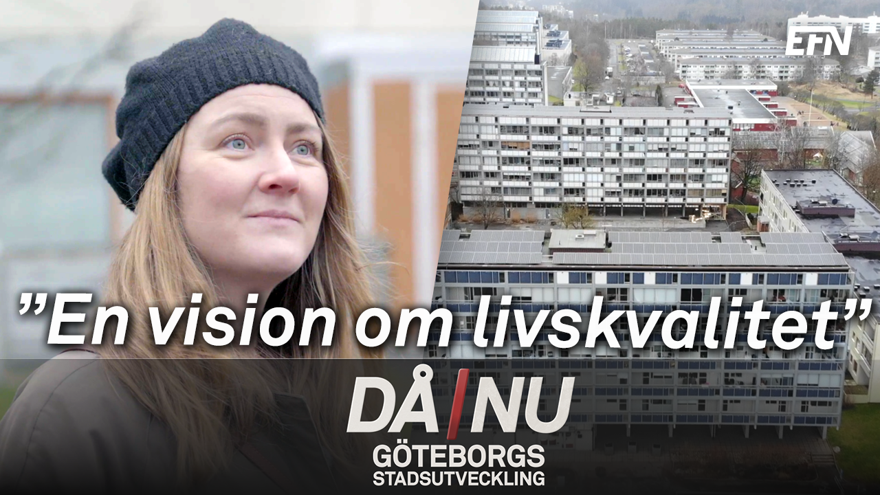 Maja Larsson i mössa till vänster, och ett miljonprogramsområde i Göteborg till höger.
