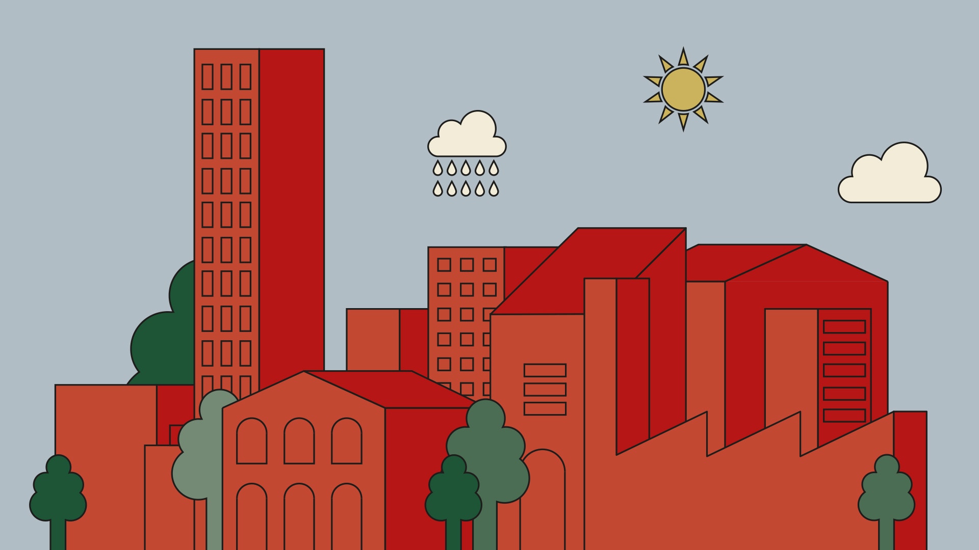 Illustration av en stad med röda och orangea byggnader, gröna träd, sol och moln på blå himmel.