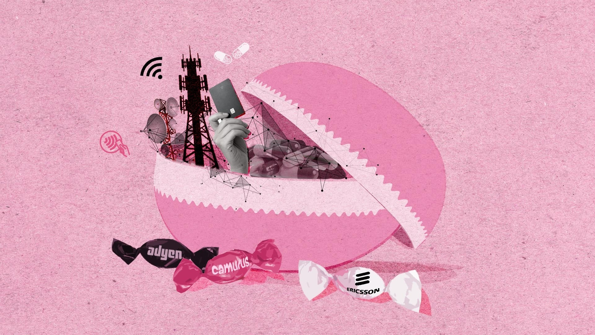 Abstrakt collage på rosa bakgrund med kommunikationstorn och teknologiska element