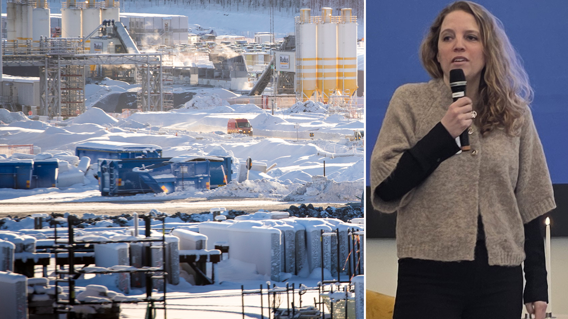 Sammansatt bild med snötäckt industrianläggning till vänster och en kvinna som håller i en mikrofon under en presentation till höger.