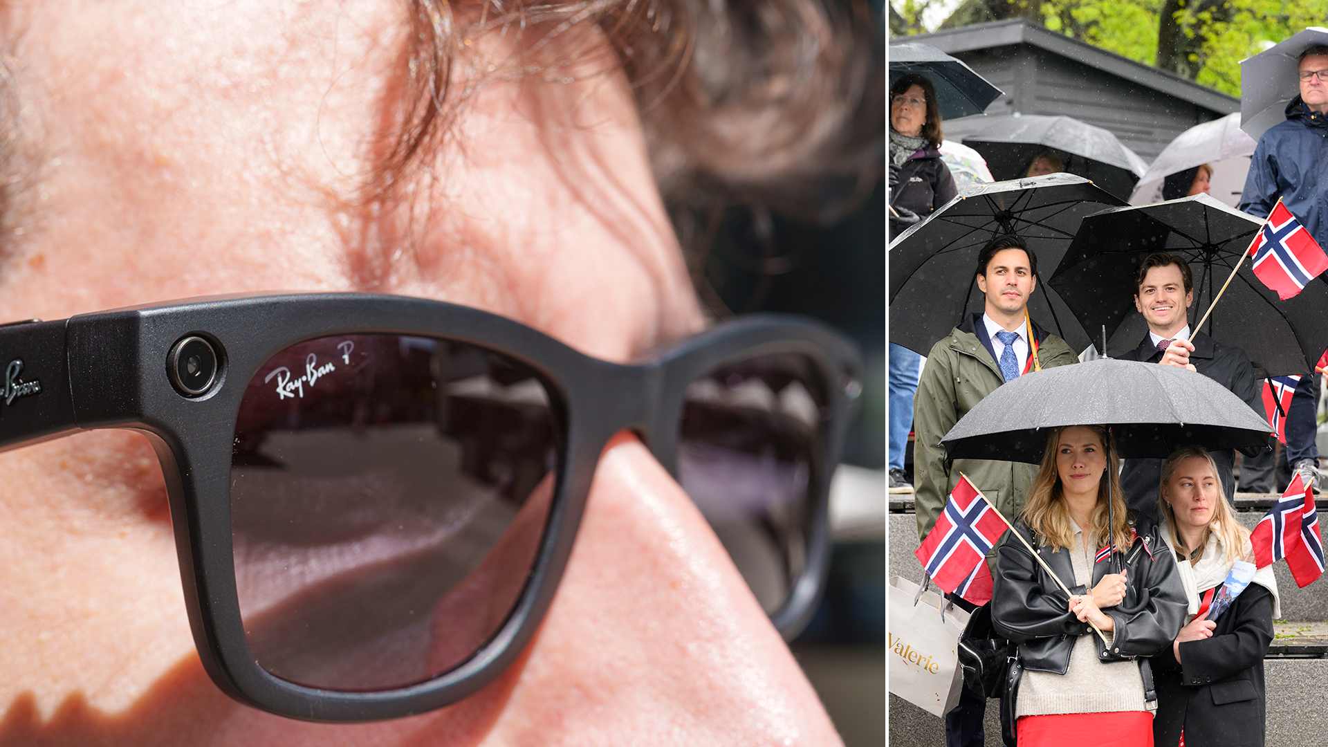 Smarta glasögon med inbyggd kamera i närbild, bredvid en folksamling i Norge som håller norska flaggor och paraplyer.