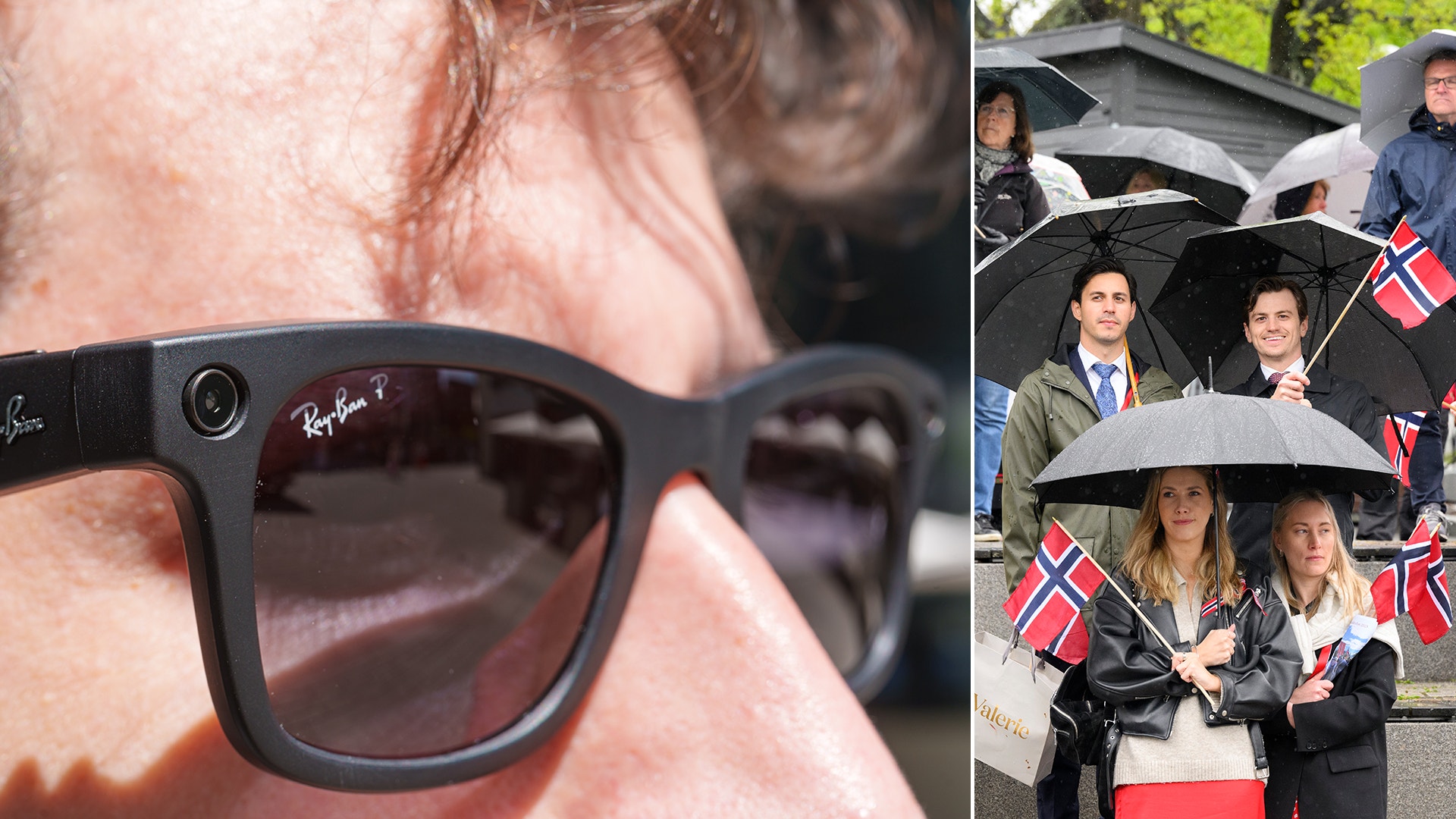 Smarta glasögon med inbyggd kamera i närbild, bredvid en folksamling i Norge som håller norska flaggor och paraplyer.